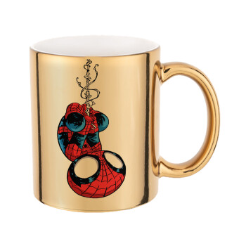 Spiderman upside down, Mug ceramic, gold mirror, 330ml