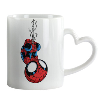 Spiderman upside down, Κούπα καρδιά χερούλι λευκή, κεραμική, 330ml