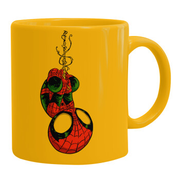 Spiderman upside down, Ceramic coffee mug yellow, 330ml (1pcs)