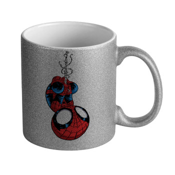 Spiderman upside down, Κούπα Ασημένια Glitter που γυαλίζει, κεραμική, 330ml