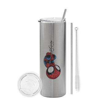 Spiderman upside down, Tumbler ποτήρι θερμό Ασημένιο από ανοξείδωτο ατσάλι 600ml, με μεταλλικό καλαμάκι & βούρτσα καθαρισμού