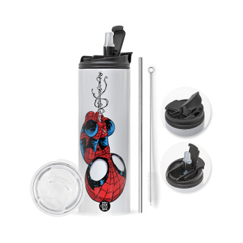 Spiderman upside down, Travel Tumbler θερμό με διπλό καπάκι, μεταλλικό καλαμάκι και βούρτσα καθαρισμού (Ανωξείδωτο 304 Food grade, BPA free, 600ml)