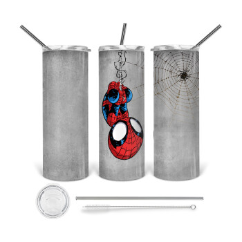 Spiderman upside down, Tumbler ποτήρι θερμό από ανοξείδωτο ατσάλι 600ml, με μεταλλικό καλαμάκι & βούρτσα καθαρισμού