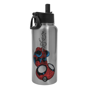 Spiderman upside down, Metal mug thermo Silver with Straw and Spout Lid (Stainless steel), double wall, 950ml