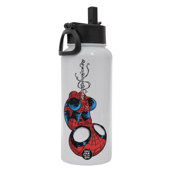 Spiderman upside down, Metal mug thermo White with Straw and Spout Lid (Stainless steel), double wall, 950ml