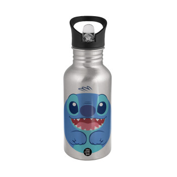 Lilo & Stitch blue, Water bottle Silver with straw, stainless steel 500ml