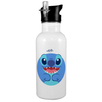 Lilo & Stitch blue, White water bottle with straw, stainless steel 600ml