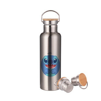 Lilo & Stitch blue, Stainless steel Silver with wooden lid (bamboo), double wall, 750ml