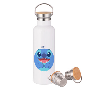 Lilo & Stitch blue, Stainless steel White with wooden lid (bamboo), double wall, 750ml