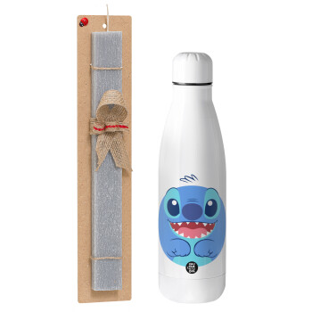 Lilo & Stitch blue, Easter Set, metallic Inox water bottle (700ml) & Easter scented flat candle (30cm) (GRAY)