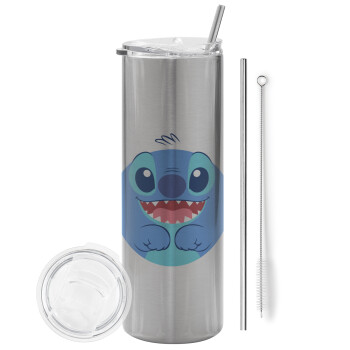 Lilo & Stitch blue, Tumbler ποτήρι θερμό Ασημένιο από ανοξείδωτο ατσάλι 600ml, με μεταλλικό καλαμάκι & βούρτσα καθαρισμού