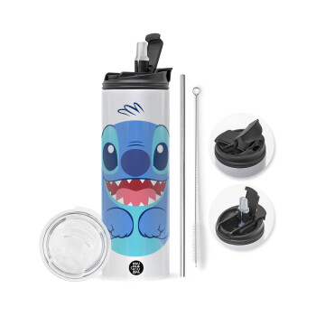 Lilo & Stitch blue, Travel Tumbler θερμό με διπλό καπάκι, μεταλλικό καλαμάκι και βούρτσα καθαρισμού (Ανωξείδωτο 304 Food grade, BPA free, 600ml)