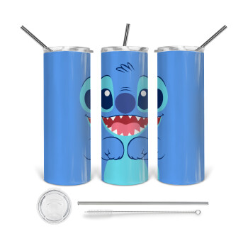 Lilo & Stitch blue, 360 Eco friendly ποτήρι θερμό (tumbler) από ανοξείδωτο ατσάλι 600ml, με μεταλλικό καλαμάκι & βούρτσα καθαρισμού