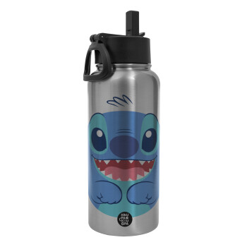 Lilo & Stitch blue, Metal mug thermo Silver with Straw and Spout Lid (Stainless steel), double wall, 950ml