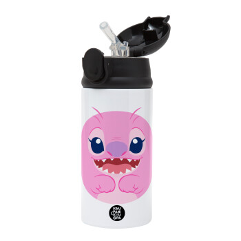 Lilo & Stitch Angel pink, Children's hot water bottle, stainless steel, with safety straw, Black (360ml) BPA-FREE