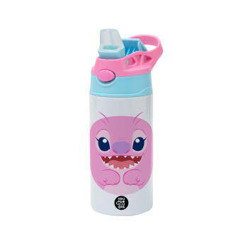 Lilo & Stitch Angel pink, Children's hot water bottle, stainless steel, with safety straw, Pink/BlueCiel (360ml) BPA FREE