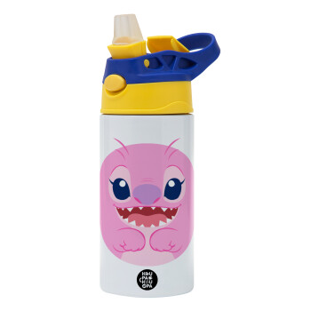 Lilo & Stitch Angel pink, Children's hot water bottle, stainless steel, with safety straw, green, blue (360ml) BPA FREE