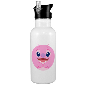 Lilo & Stitch Angel pink, White water bottle with straw, stainless steel 600ml