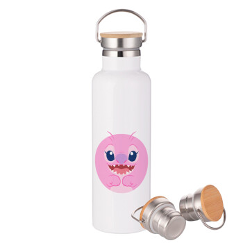 Lilo & Stitch Angel pink, Stainless steel White with wooden lid (bamboo), double wall, 750ml