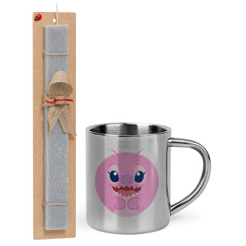 Lilo & Stitch Angel pink, Easter Set, metallic thermal cup (300ml) & Easter aromatic flat candle (30cm) (GRAY)