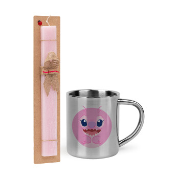 Lilo & Stitch Angel pink, Easter Set, metallic thermal cup (300ml) & aromatic flat Easter candle (30cm) (PINK)