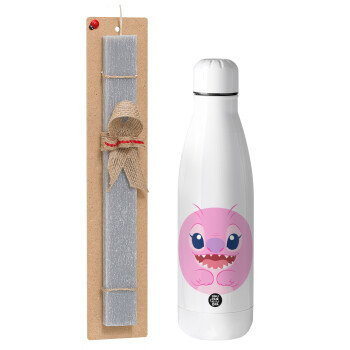 Lilo & Stitch Angel pink, Easter Set, metallic Inox water bottle (700ml) & Easter scented flat candle (30cm) (GRAY)