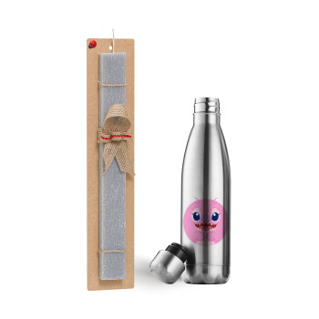 Lilo & Stitch Angel pink, Easter Set, metallic stainless thermos flask (500ml) & scented flat Easter candle (30cm) (GRAY)