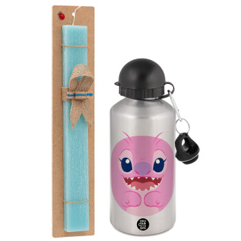 Lilo & Stitch Angel pink, Easter Set, metallic silver aluminum water bottle (500ml) & scented flat Easter candle (30cm) (TURQUOISE)