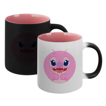Lilo & Stitch Angel pink, Κούπα Μαγική εσωτερικό ΡΟΖ, κεραμική 330ml που αλλάζει χρώμα με το ζεστό ρόφημα (1 τεμάχιο)