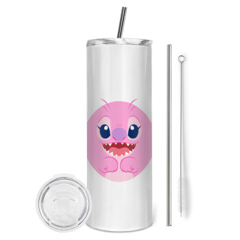 Lilo & Stitch Angel pink, Tumbler ποτήρι θερμό από ανοξείδωτο ατσάλι 600ml, με μεταλλικό καλαμάκι & βούρτσα καθαρισμού