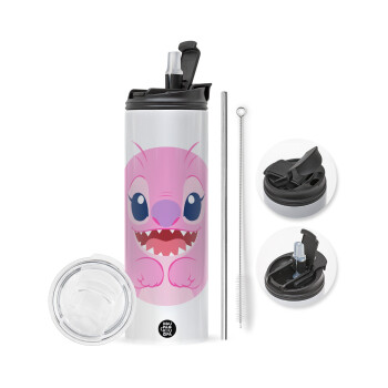 Lilo & Stitch Angel pink, Travel Tumbler θερμό με διπλό καπάκι, μεταλλικό καλαμάκι και βούρτσα καθαρισμού (Ανωξείδωτο 304 Food grade, BPA free, 600ml)