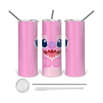 Lilo & Stitch Angel pink, Tumbler ποτήρι θερμό από ανοξείδωτο ατσάλι 600ml, με μεταλλικό καλαμάκι & βούρτσα καθαρισμού