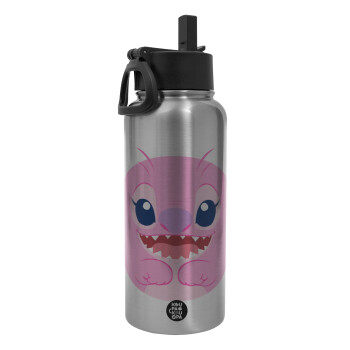 Lilo & Stitch Angel pink, Metal mug thermo Silver with Straw and Spout Lid (Stainless steel), double wall, 950ml