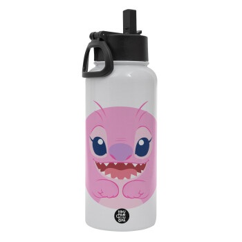 Lilo & Stitch Angel pink, Metal mug thermo White with Straw and Spout Lid (Stainless steel), double wall, 950ml