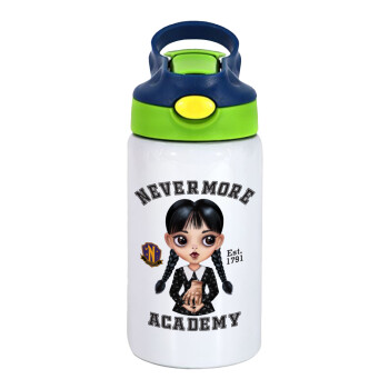 Wednesday Adams, nevermore, Children's hot water bottle, stainless steel, with safety straw, green, blue (350ml)