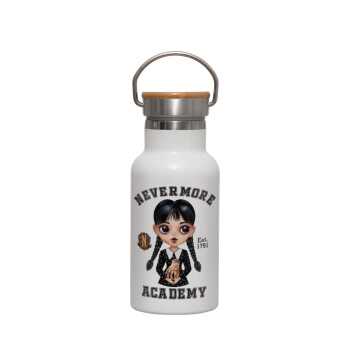 Wednesday Adams, nevermore, Metallic thermos (Stainless steel) White with wooden lid (bamboo), double-walled, 350ml