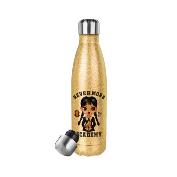 Wednesday Adams, nevermore, Glitter gold stainless steel thermos bottle, double-walled, 500ml