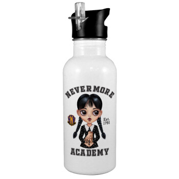 Wednesday Adams, nevermore, White water bottle with straw, stainless steel 600ml