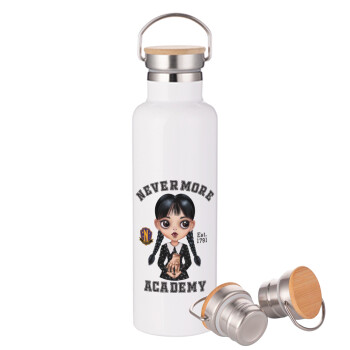 Wednesday Adams, nevermore, Stainless steel White with wooden lid (bamboo), double wall, 750ml