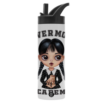 Wednesday Adams, nevermore, Metallic thermos bottle with straw & handle, stainless steel (Stainless steel 304), double-walled, 600ml.