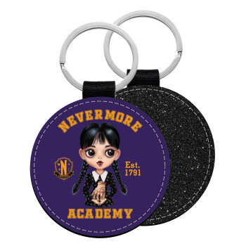 Wednesday Adams, nevermore, Μπρελόκ Δερματίνη, στρογγυλό ΜΑΥΡΟ (5cm)