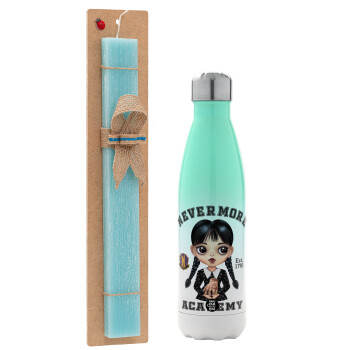 Wednesday Adams, nevermore, Easter Set, Metallic green/white thermos (Stainless steel), double-walled, 500ml & scented flat Easter candle (30cm) (TURQUOISE)