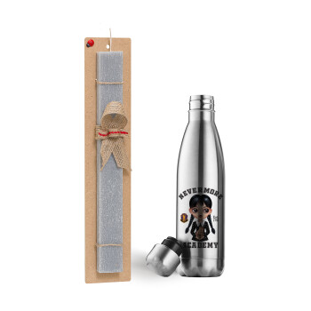 Wednesday Adams, nevermore, Easter Set, metallic stainless thermos flask (500ml) & scented flat Easter candle (30cm) (GRAY)