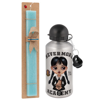 Wednesday Adams, nevermore, Easter Set, metallic silver aluminum water bottle (500ml) & scented flat Easter candle (30cm) (TURQUOISE)