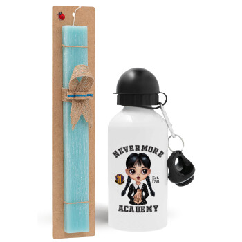 Wednesday Adams, nevermore, Easter Set, metallic aluminum water bottle (500ml) & scented flat candle (30cm) (TURQUOISE)