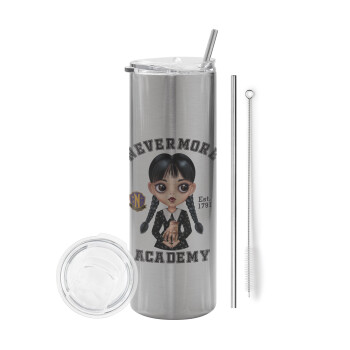 Wednesday Adams, nevermore, Eco friendly ποτήρι θερμό Ασημένιο (tumbler) από ανοξείδωτο ατσάλι 600ml, με μεταλλικό καλαμάκι & βούρτσα καθαρισμού