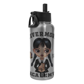 Wednesday Adams, nevermore, Metal mug thermo Silver with Straw and Spout Lid (Stainless steel), double wall, 950ml