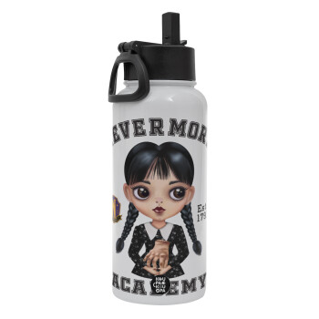 Wednesday Adams, nevermore, Metal mug thermo White with Straw and Spout Lid (Stainless steel), double wall, 950ml