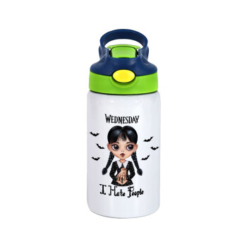 Wednesday Adams, i hate people, Children's hot water bottle, stainless steel, with safety straw, green, blue (350ml)