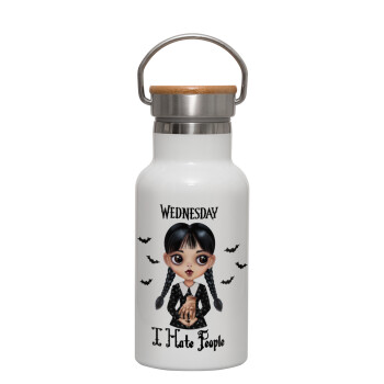 Wednesday Adams, i hate people, Metallic thermos (Stainless steel) White with wooden lid (bamboo), double-walled, 350ml